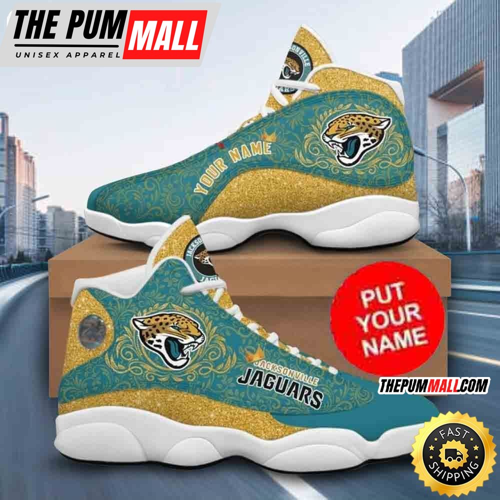 Custom Name NFL Jacksonville Jaguars Teal Gold Air Jd 13 Shoes Printed Logo JD 13