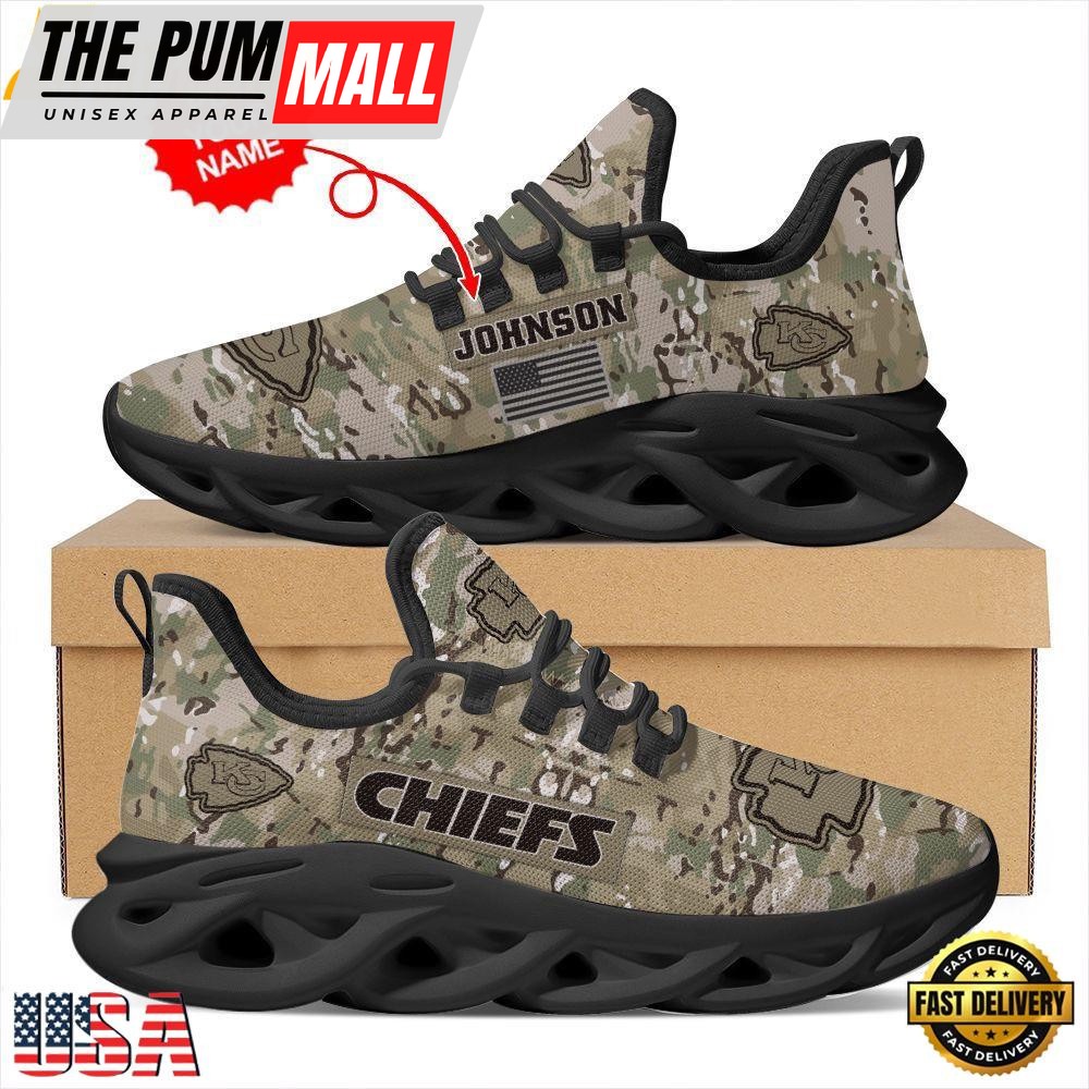 Custom Name NFL Kansas City Chiefs US Army Military Veteran Camouflage Max Soul Shoes