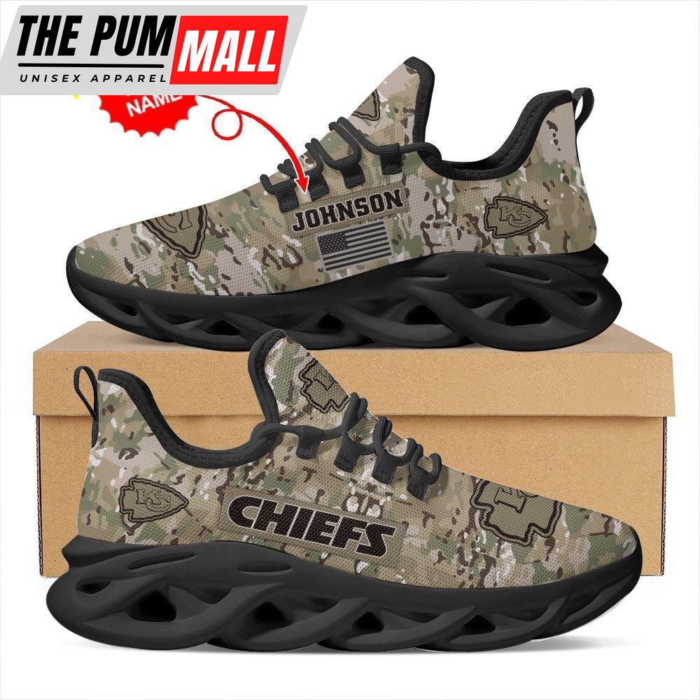 Custom Name NFL Kansas City Chiefs US Army Military Veteran Camouflage Max Soul Shoes