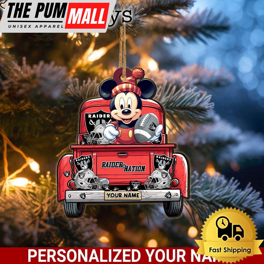 Custom Name NFL Las Vegas Raiders Red Truck With Mickey Mouse Ornament Limited Edition