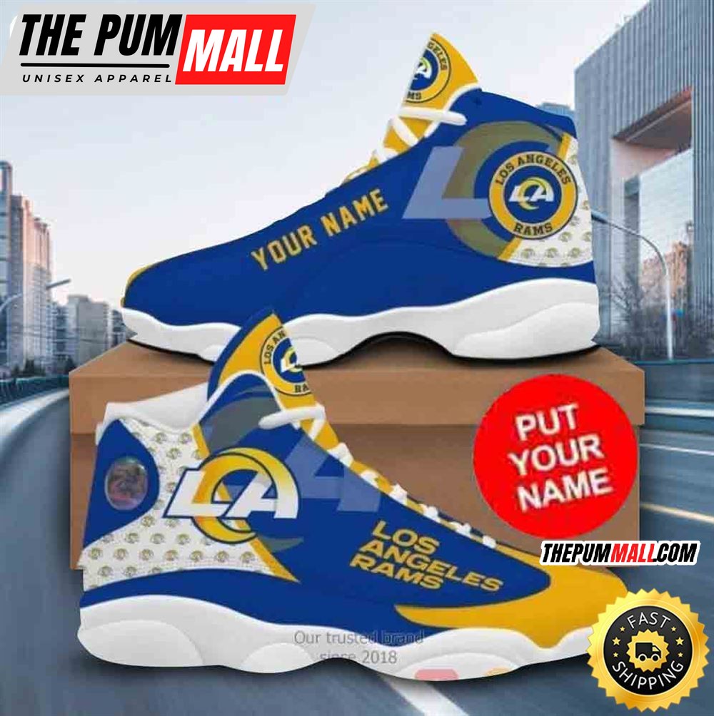 Custom Name NFL Los Angeles Rams Blue Yellow Air Jd 13 Shoes Printed Logo JD 13