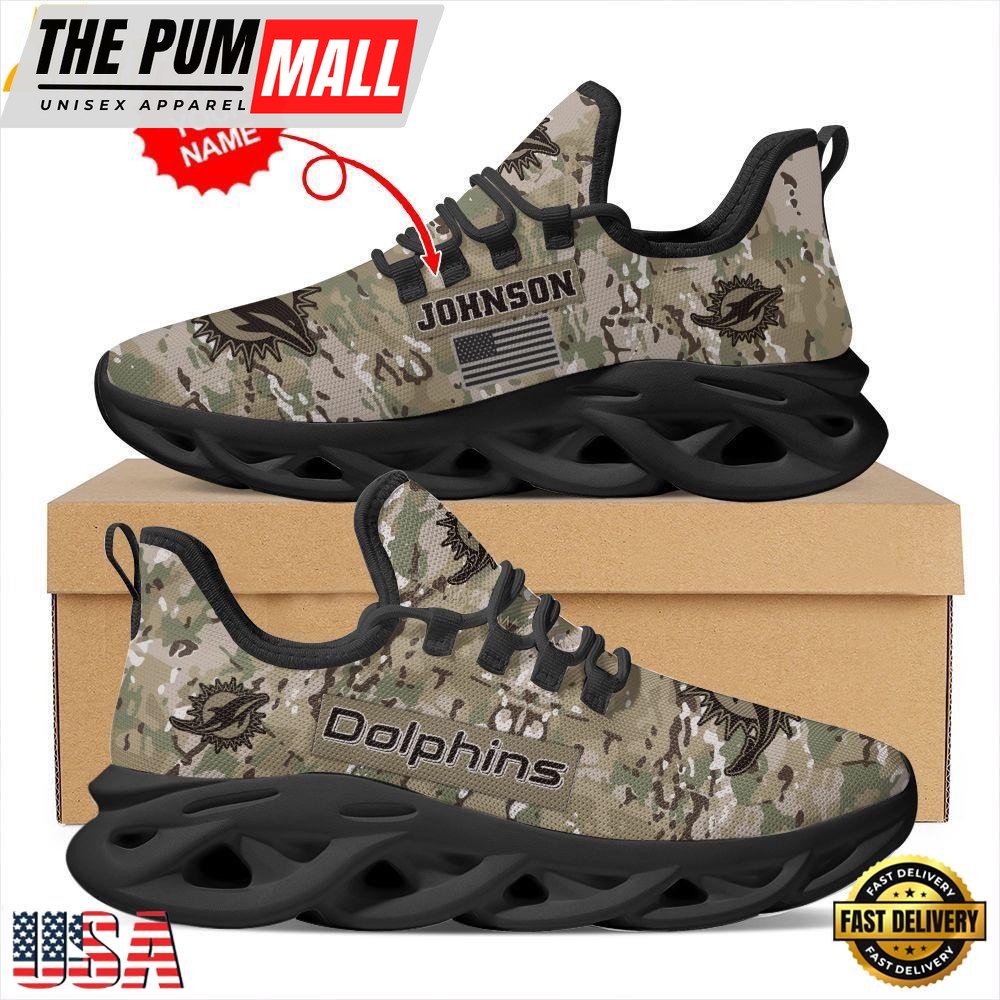 Custom Name NFL Miami Dolphins US Army Military Veteran Camouflage Max Soul Shoes