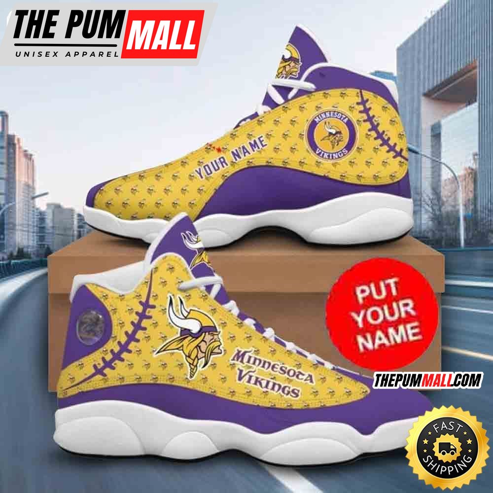 Custom Name NFL Minnesota Vikings Purple Yellow Air Jd 13 Shoes Printed Logo JD 13
