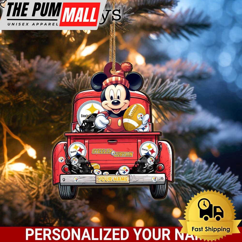 Custom Name NFL Pittsburgh Steelers Red Truck With Mickey Mouse Ornament Limited Edition