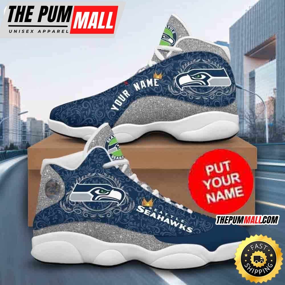 Custom Name NFL Seattle Seahawks Navy Grey Air Jd 13 Shoes Printed Logo JD 13