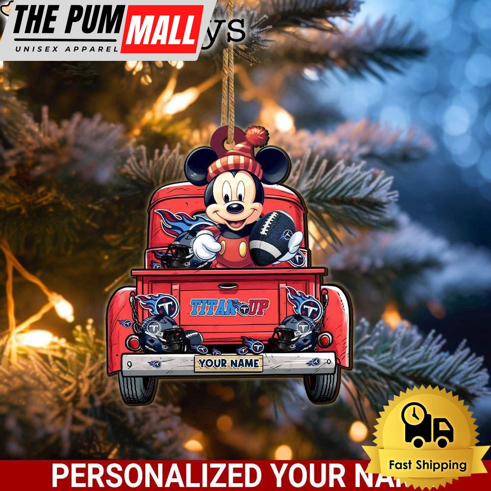 Custom Name NFL Tennessee Titans Red Truck With Mickey Mouse Ornament Limited Edition