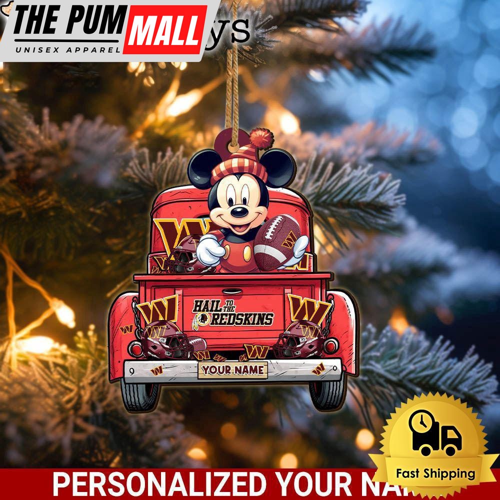 Custom Name NFL Washington Commanders Red Truck With Mickey Mouse Ornament Limited Edition