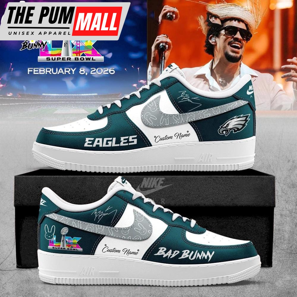 Custom Name Philadelphia Eagles NFL x Bad Bunny Super Bowl LX Air Force 1 Shoes