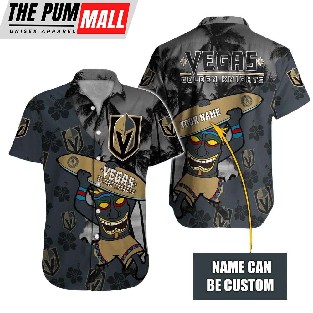 Custom Name Vegas Golden Knights Tiki Man Hibiscus Hawaiian Shirt