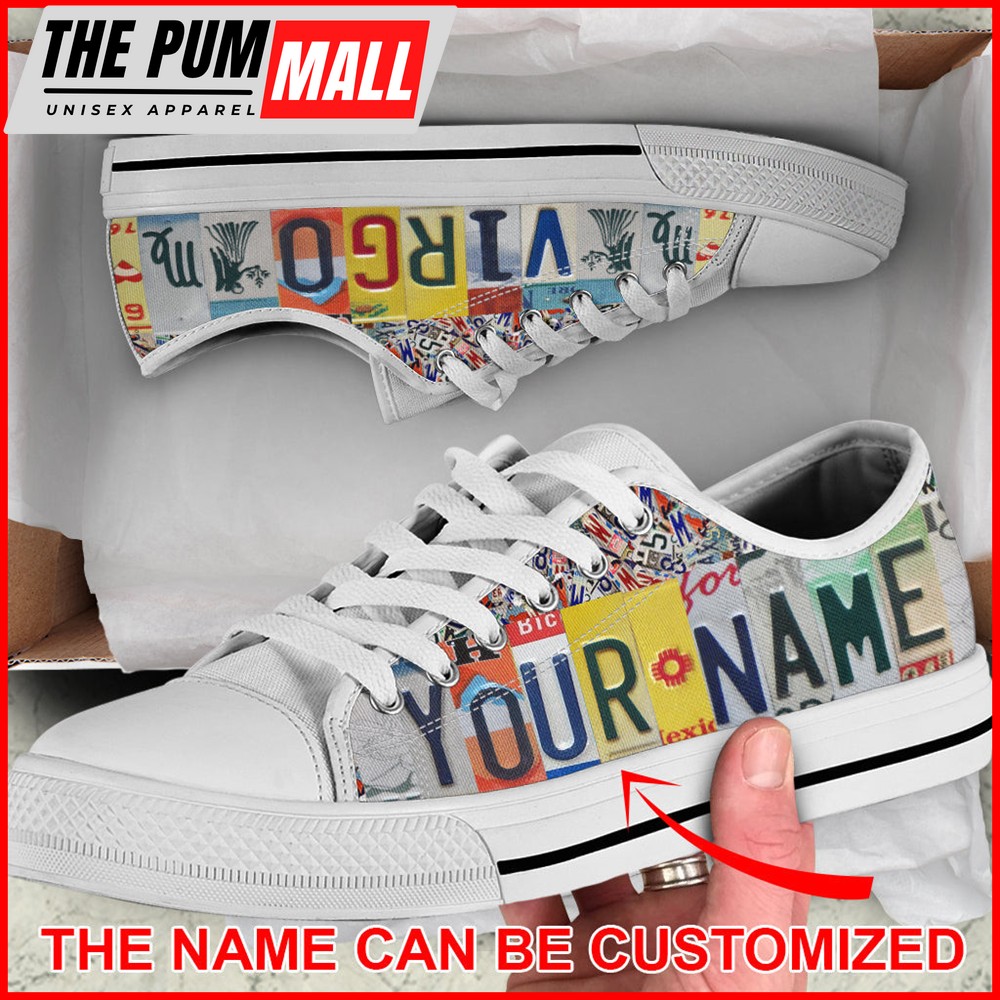 Custom Name Virgo License Plates Low Top Shoes – Virgo Zodiac Sign Horoscope Shoes – Lowtop Casual Shoes Gift For Adults