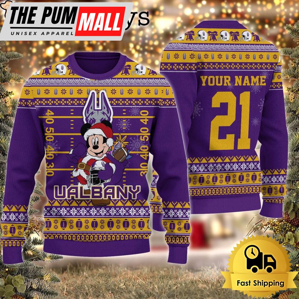 Custom NCAA Albany Great Danes Mickey Mouse Santa Ugly Christmas Sweater