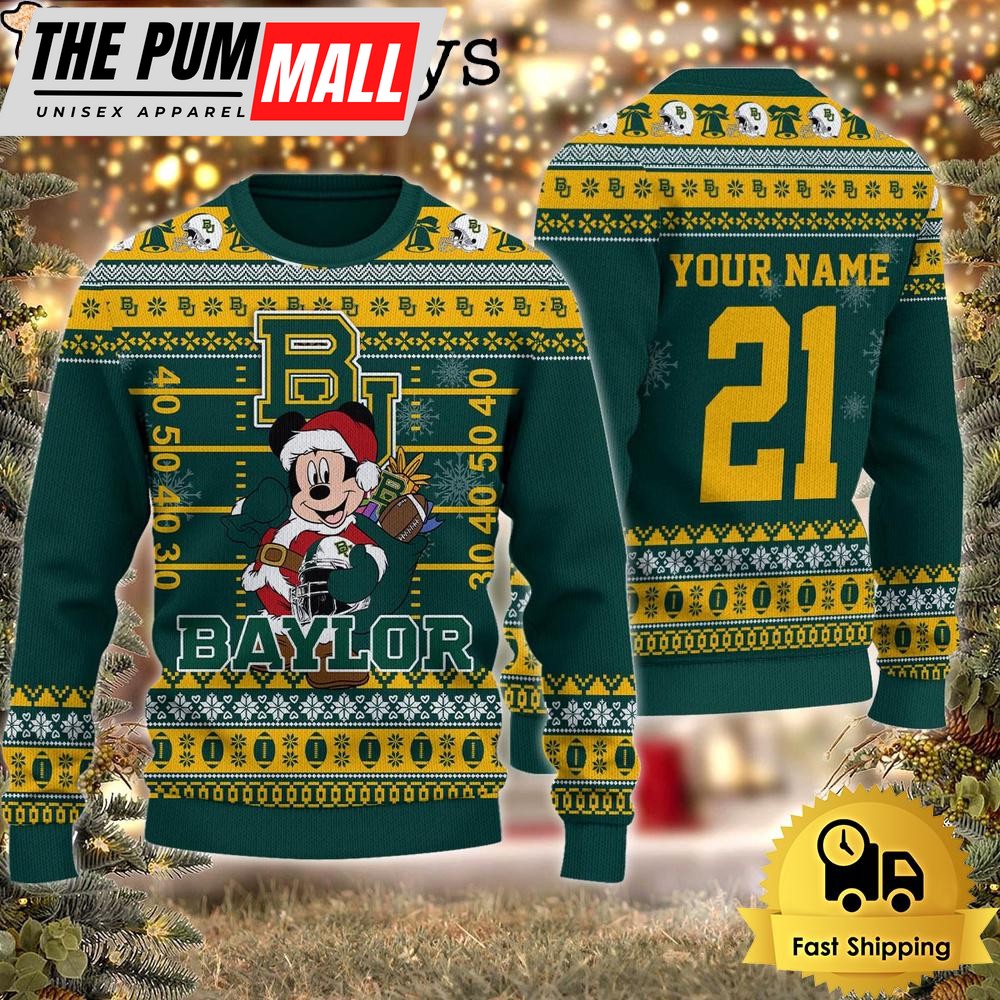 Custom NCAA Baylor Bears Mickey Mouse Santa Ugly Christmas Sweater