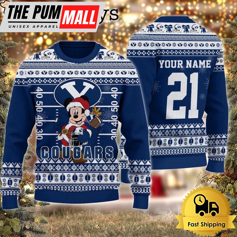 Custom NCAA BYU Cougars Mickey Mouse Santa Ugly Christmas Sweater