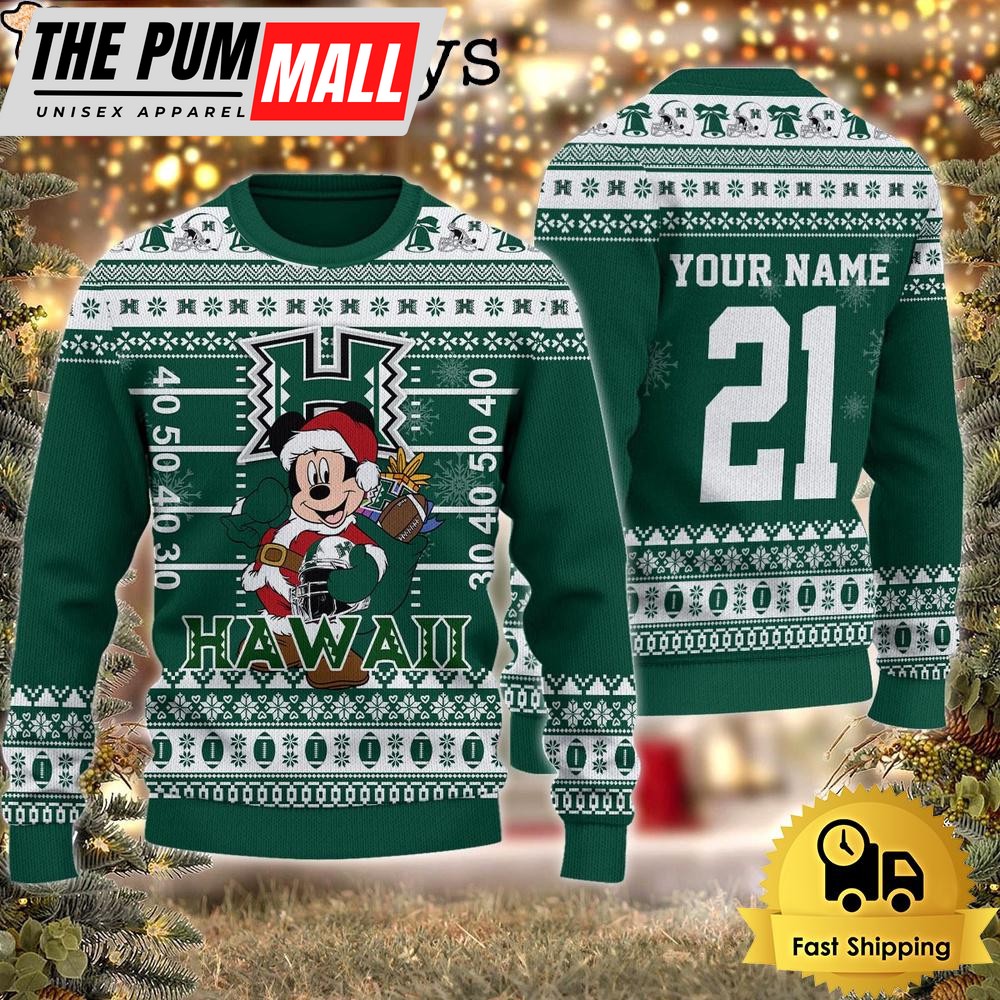Custom NCAA Hawaii Rainbow Warriors Mickey Mouse Santa Ugly Christmas Sweater