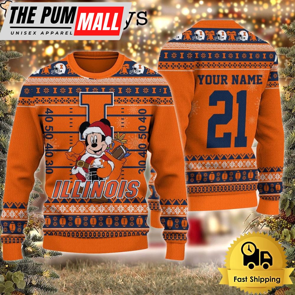 Custom NCAA Illinois Fighting Illini Mickey Mouse Santa Ugly Christmas Sweater