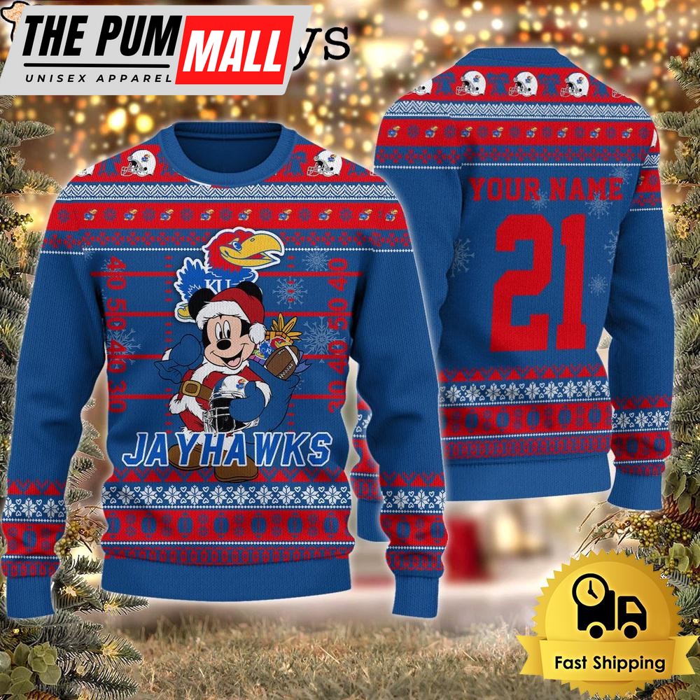 Custom NCAA Kansas Jayhawks Mickey Mouse Santa Ugly Christmas Sweater