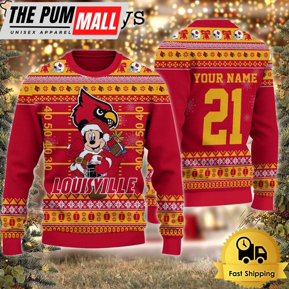 Custom NCAA Louisville Cardinals Mickey Mouse Santa Ugly Christmas Sweater