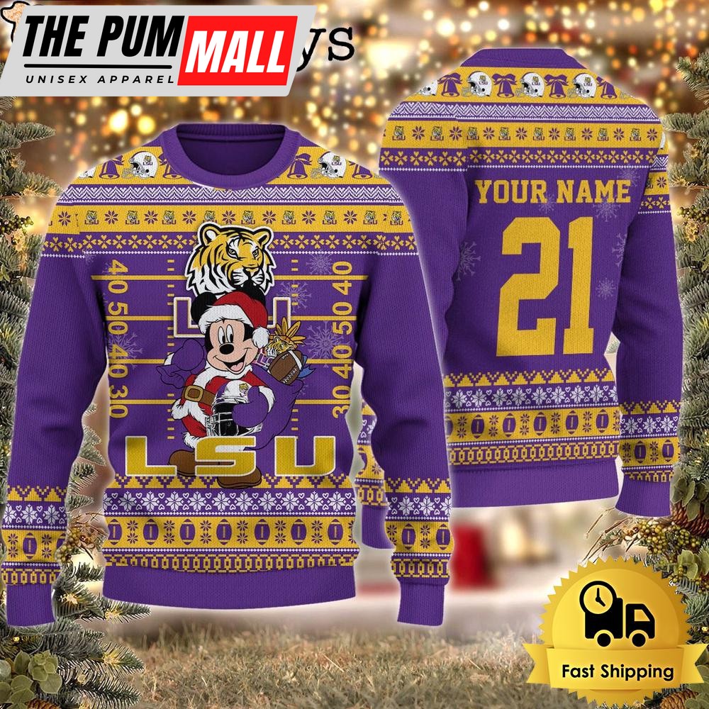 Custom NCAA LSU Tigers Mickey Mouse Santa Ugly Christmas Sweater