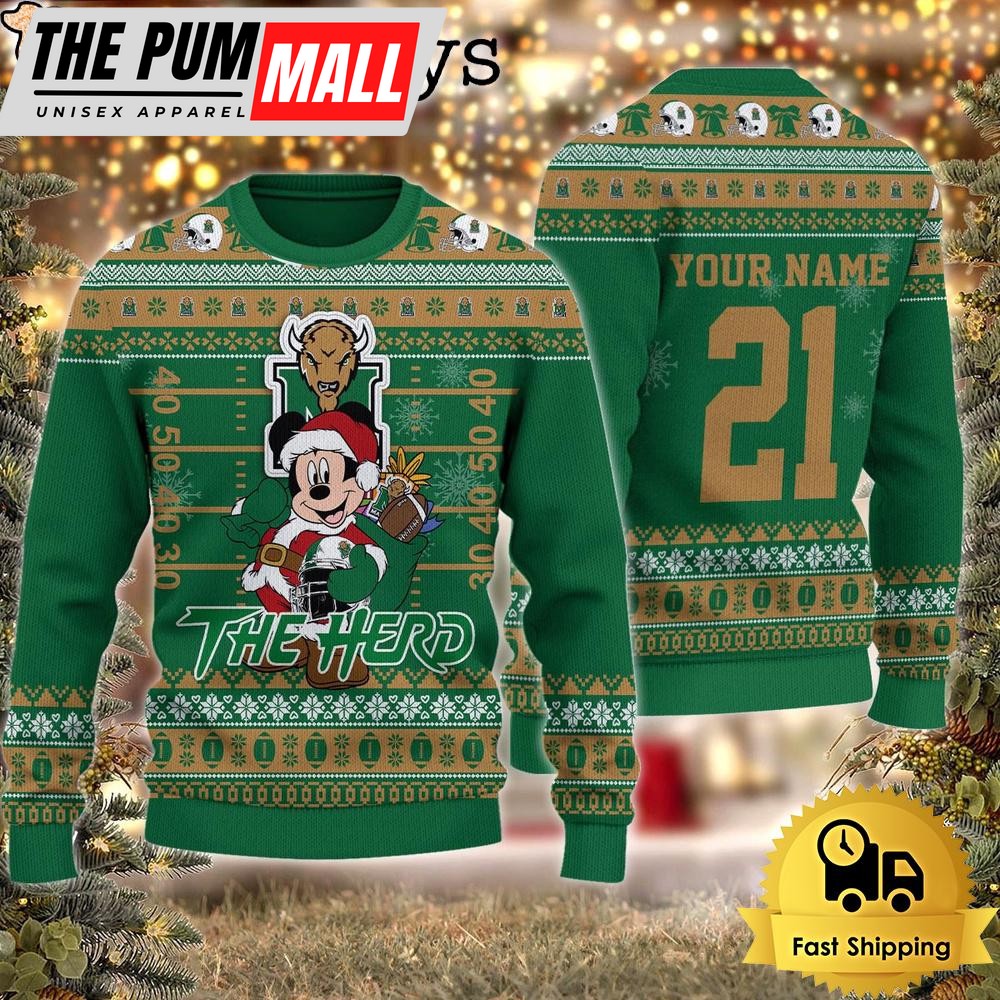 Custom NCAA Marshall Thundering Herd Mickey Mouse Santa Ugly Christmas Sweater