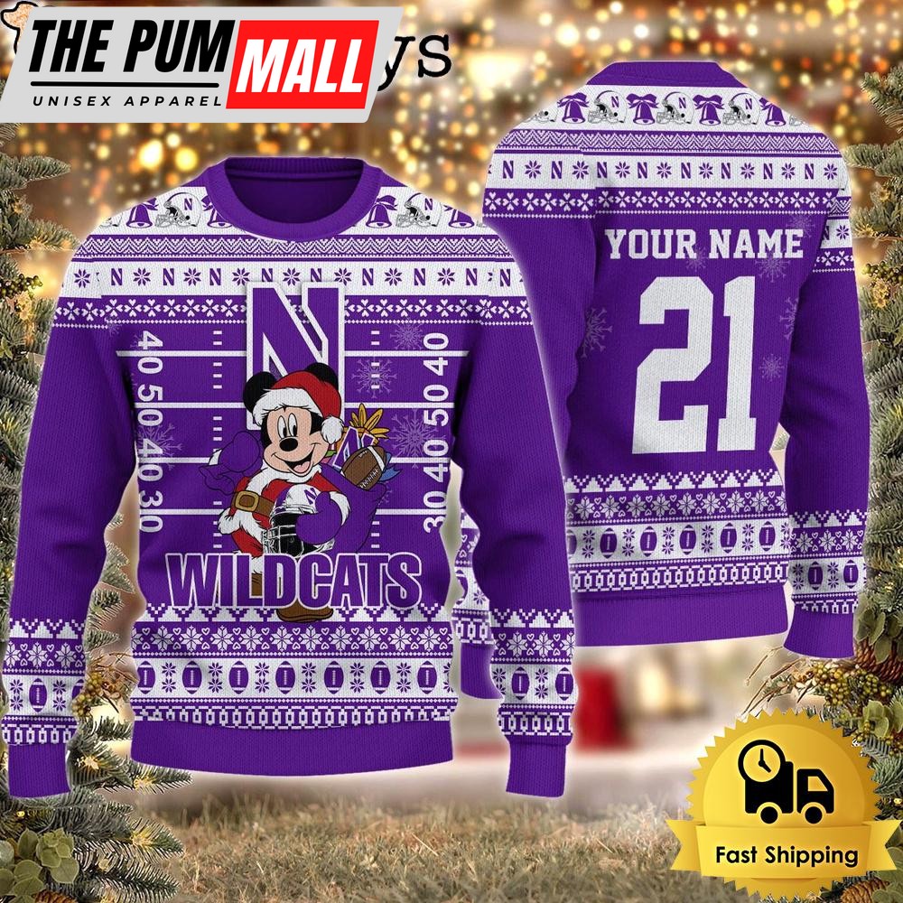 Custom NCAA Northwestern Wildcats Mickey Mouse Santa Ugly Christmas Sweater