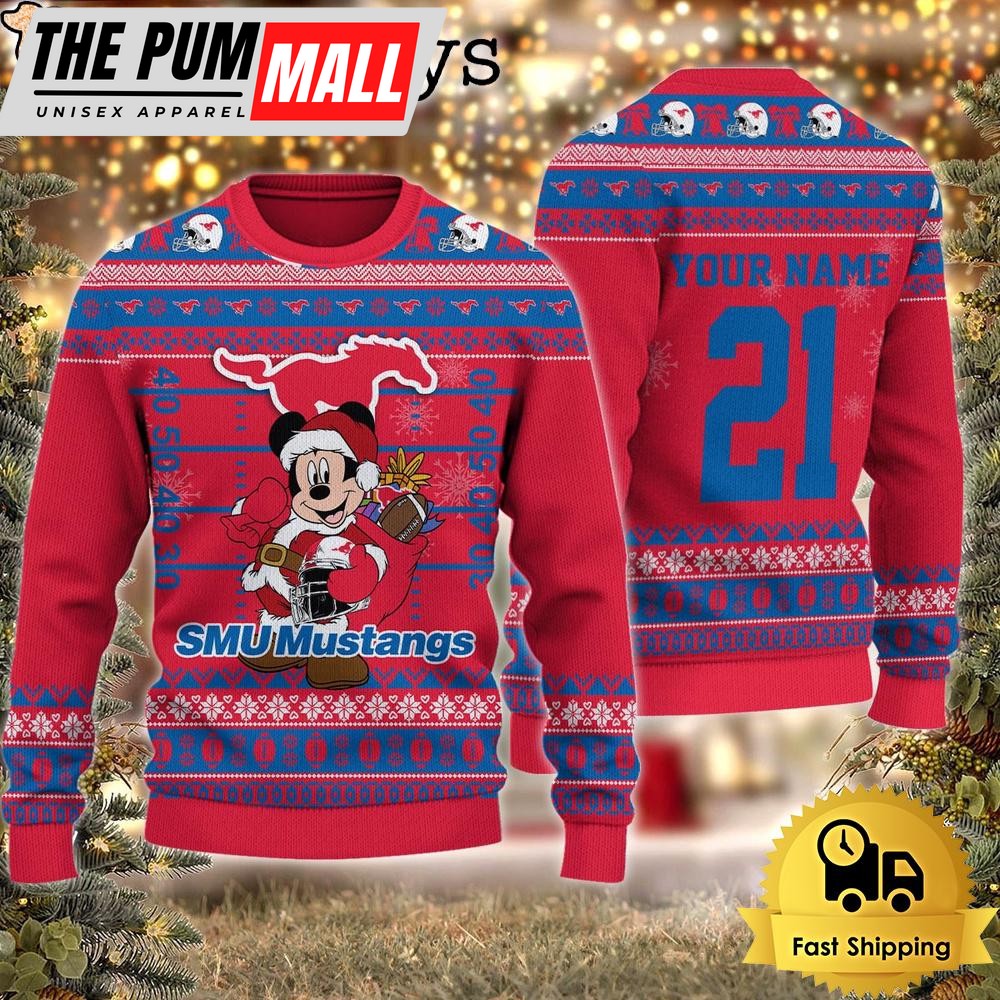 Custom NCAA SMU Mustangs Mickey Mouse Santa Ugly Christmas Sweater