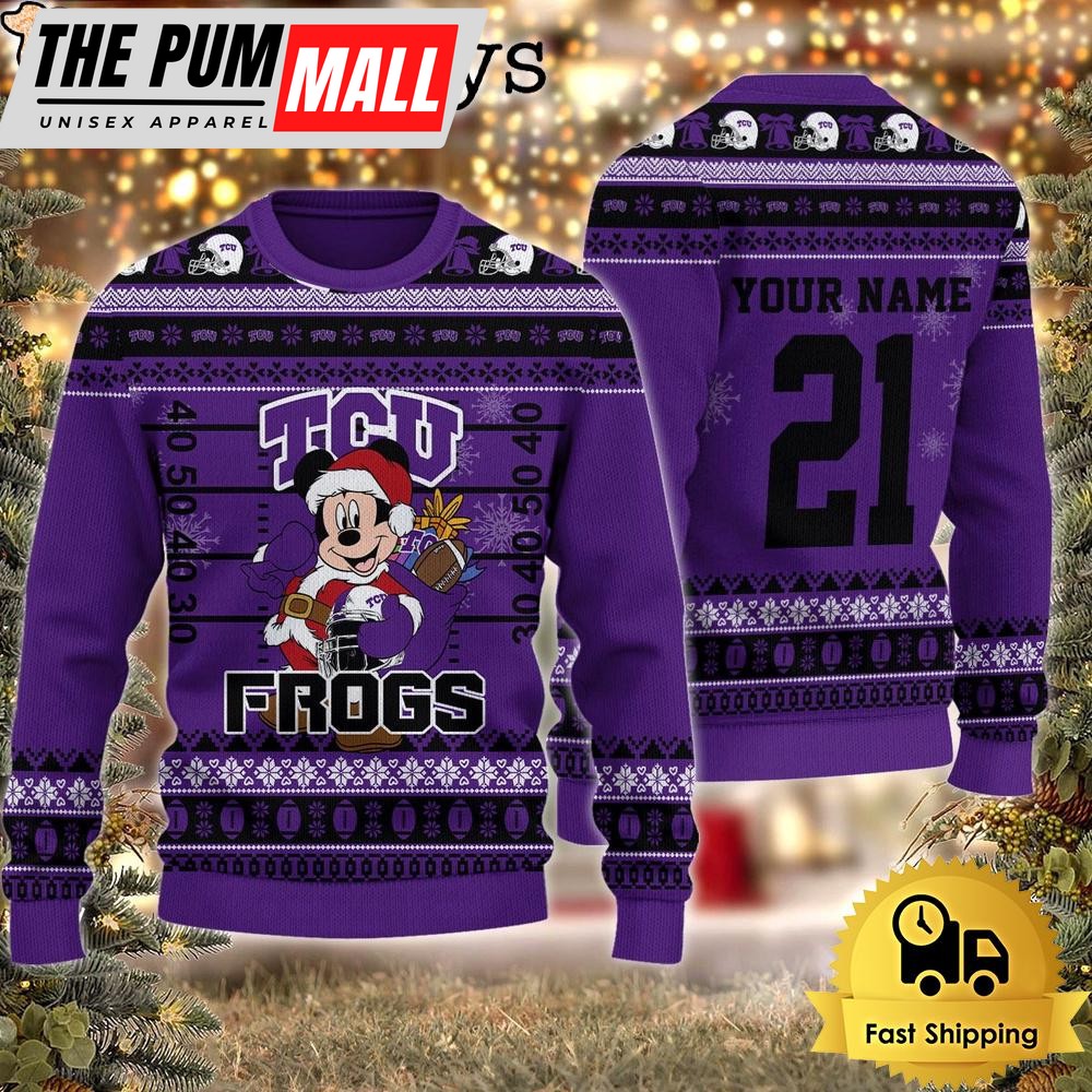 Custom NCAA TCU Horned Frogs Mickey Mouse Santa Ugly Christmas Sweater