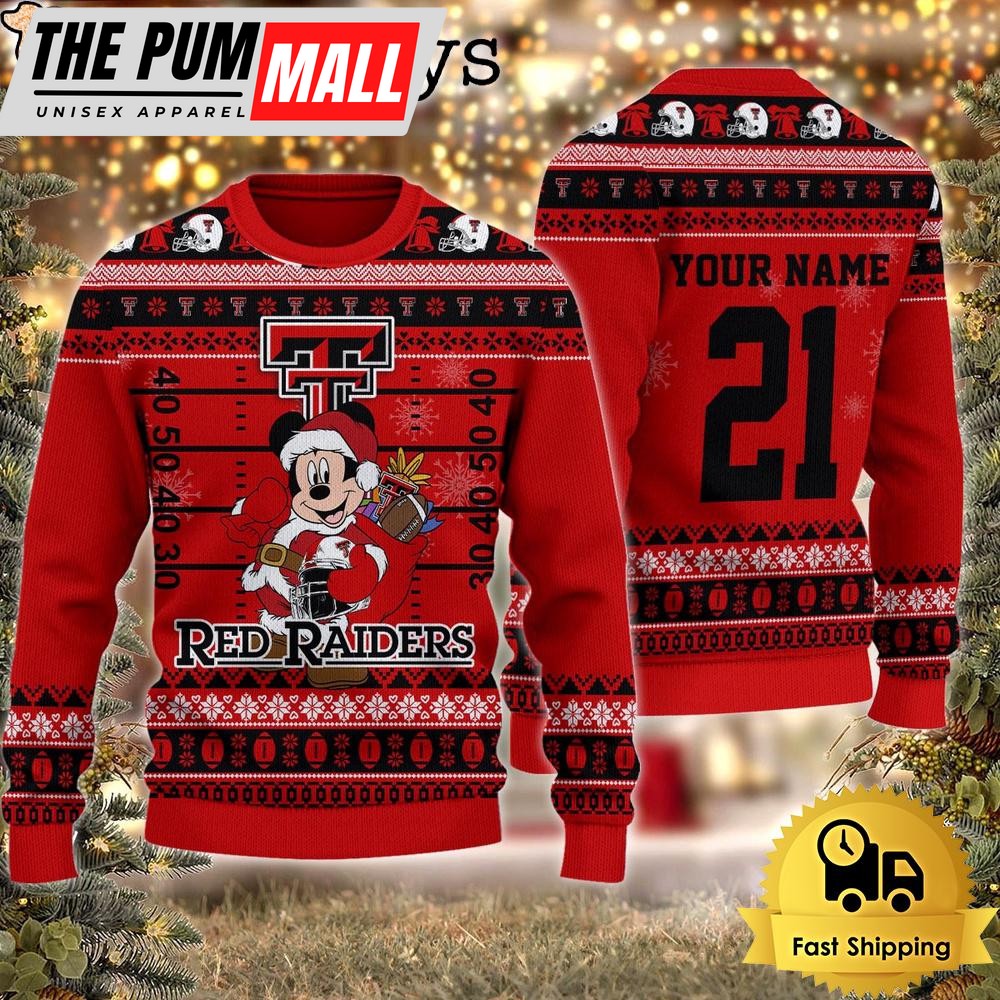 Custom NCAA Texas Tech Red Raiders Mickey Mouse Santa Ugly Christmas Sweater