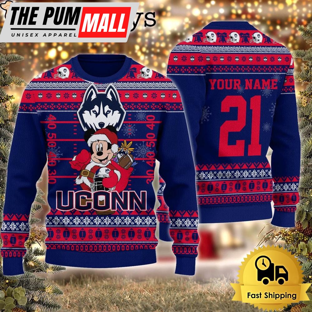 Custom NCAA Uconn Huskies Mickey Mouse Santa Ugly Christmas Sweater