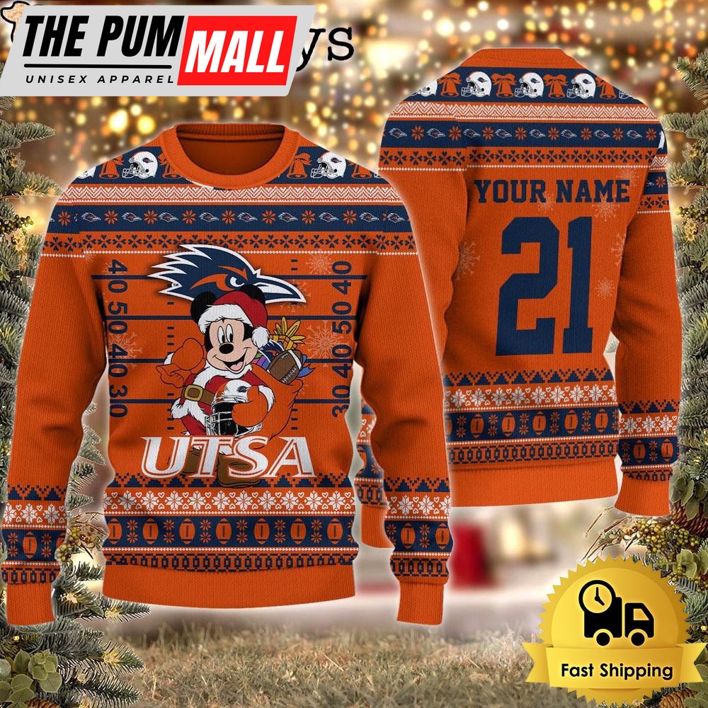 Custom NCAA UTSA Roadrunners Mickey Mouse Santa Ugly Christmas Sweater