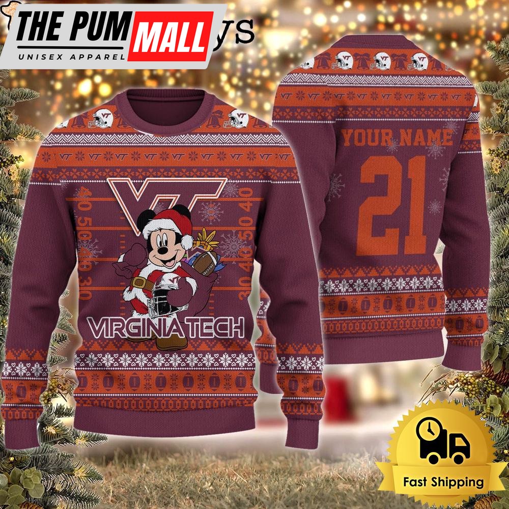Custom NCAA Virginia Tech Hokies Mickey Mouse Santa Ugly Christmas Sweater