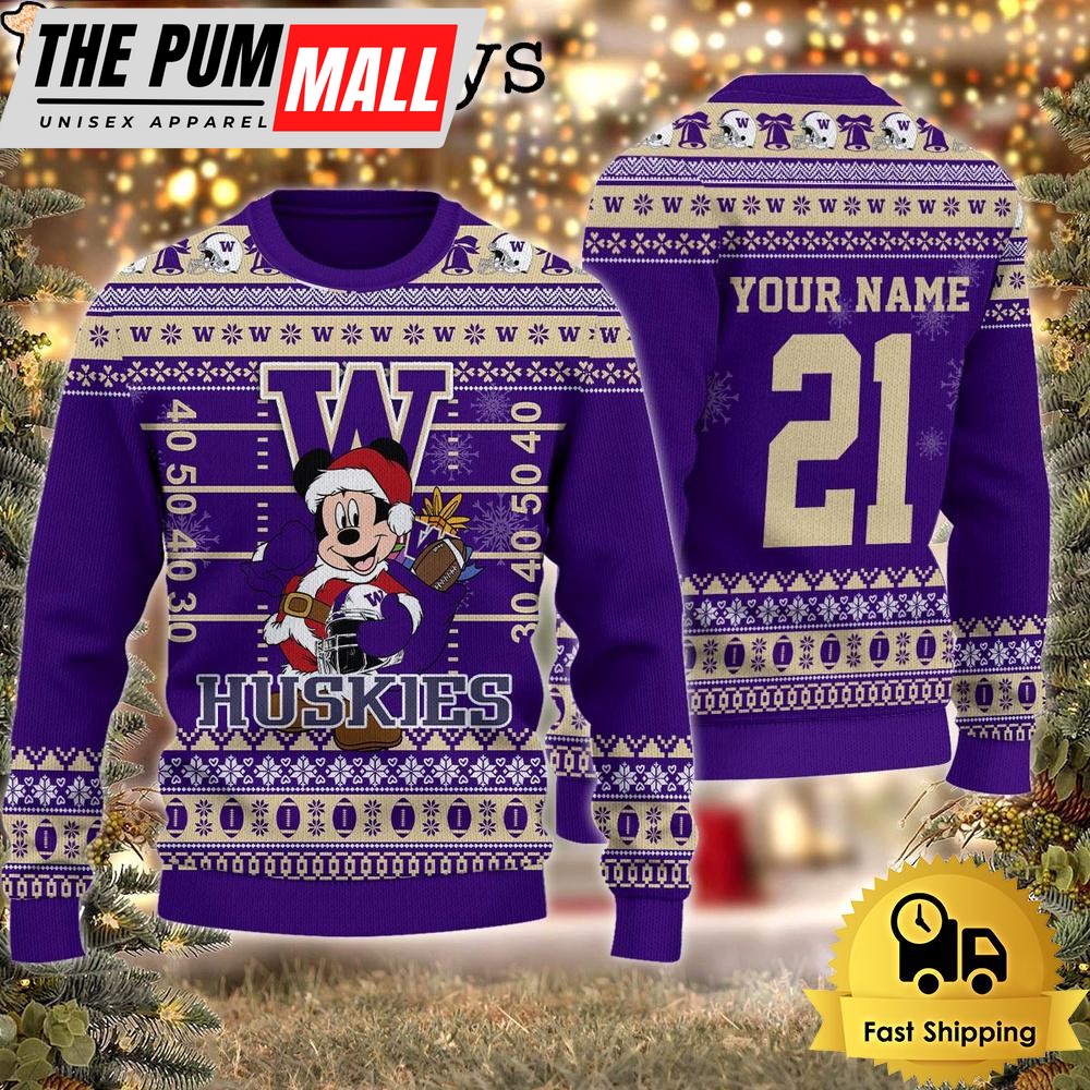 Custom NCAA Washington Huskies Mickey Mouse Santa Ugly Christmas Sweater