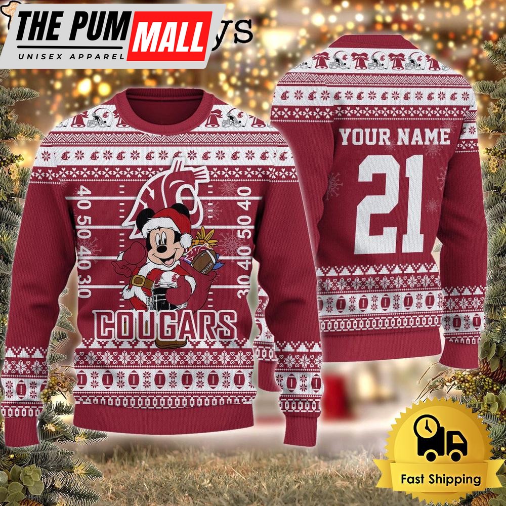 Custom NCAA Washington State Cougars Mickey Mouse Santa Ugly Christmas Sweater