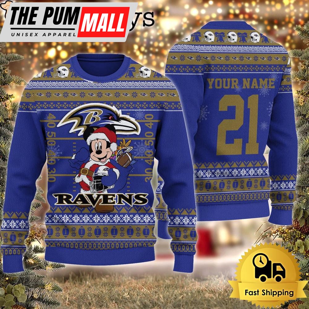 Custom NFL Baltimore Ravens Mickey Mouse Santa Ugly Christmas Sweater
