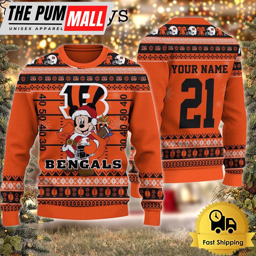 Custom NFL Cincinnati Bengals Mickey Mouse Santa Ugly Christmas Sweater