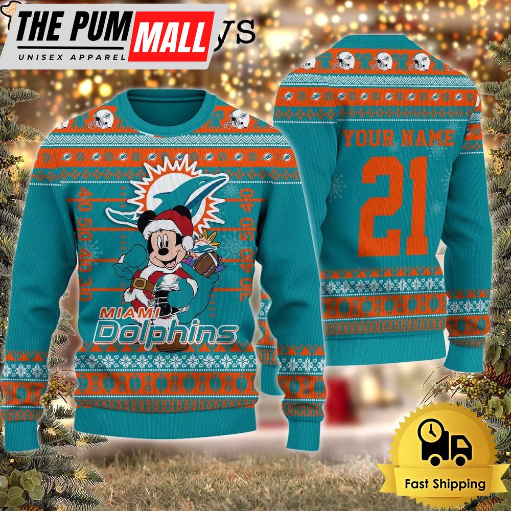 Custom NFL Miami Dolphins Mickey Mouse Santa Ugly Christmas Sweater
