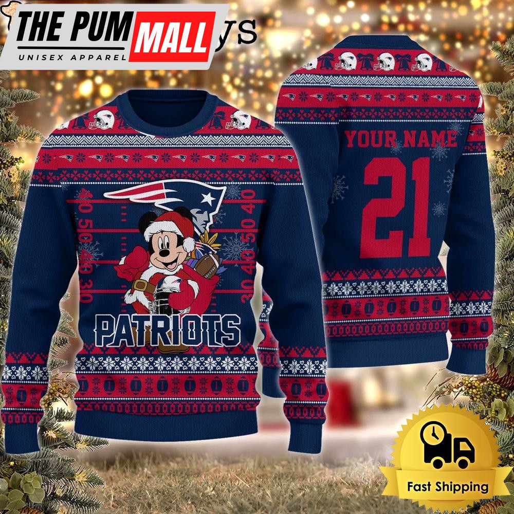 Custom NFL New England Patriots Mickey Mouse Santa Ugly Christmas Sweater