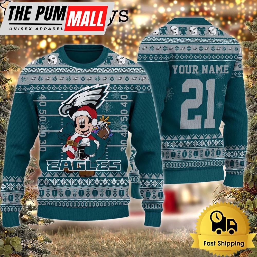 Custom NFL Philadelphia Eagles Mickey Mouse Santa Ugly Christmas Sweater