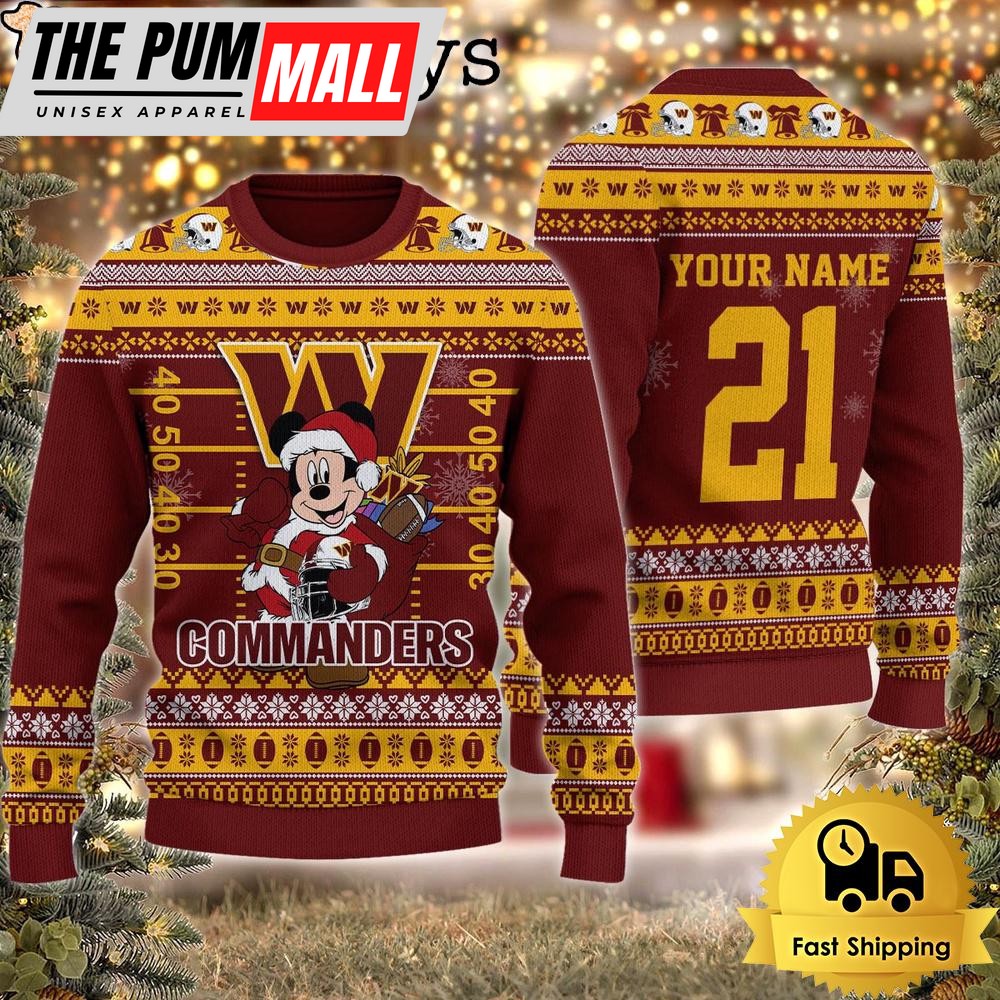 Custom NFL Washington Commanders Mickey Mouse Santa Ugly Christmas Sweater