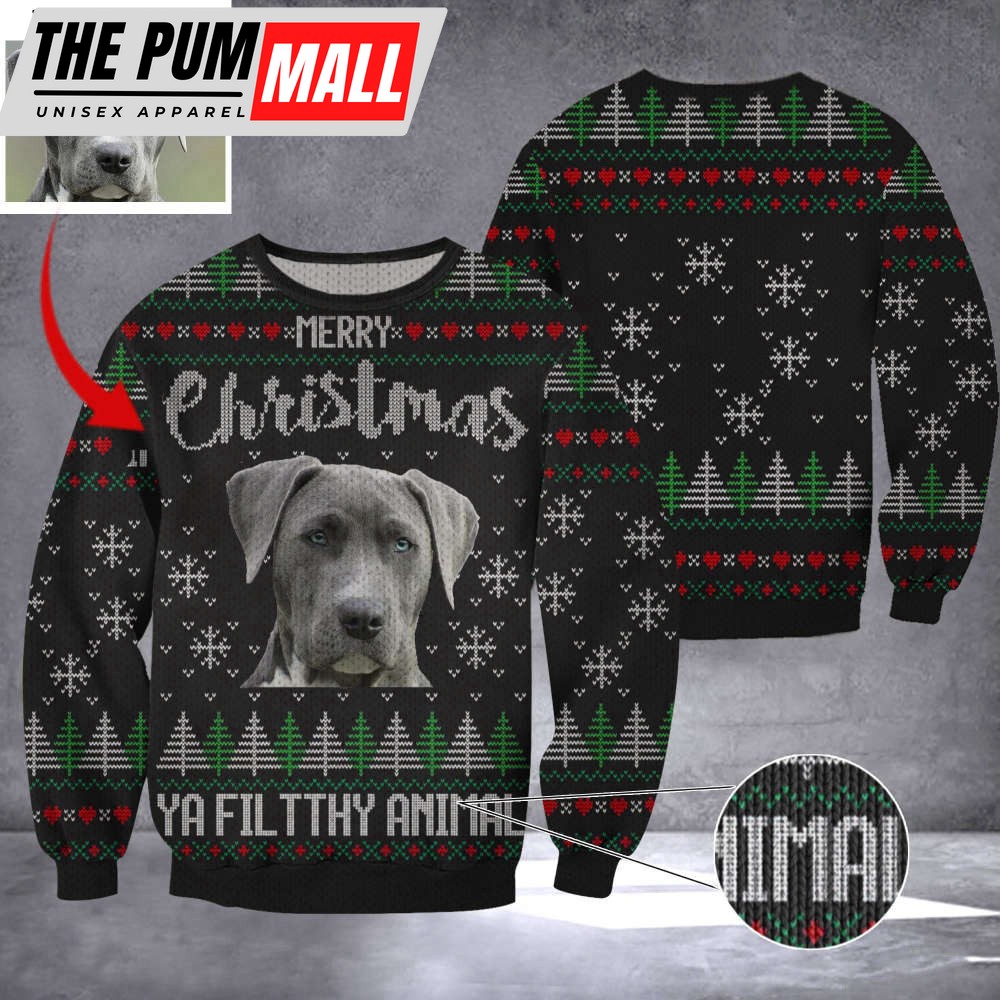 Custom Photo Blue Lacy Merry Christmas Ya Filthy Animal Ugly Christmas Sweater Dog Lovers Gift