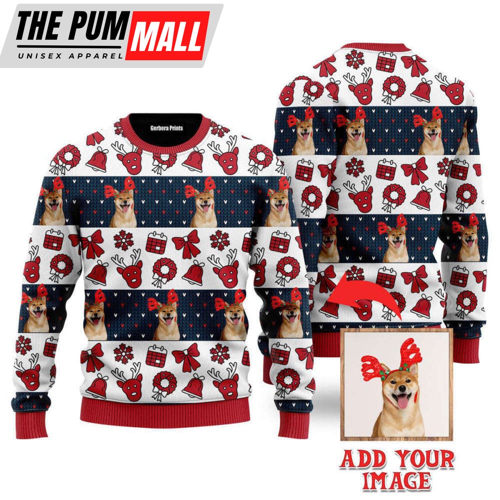 Custom Photo Dog Wears Christmas Red Bow Custom Christmas Sweaters For Dog Lover