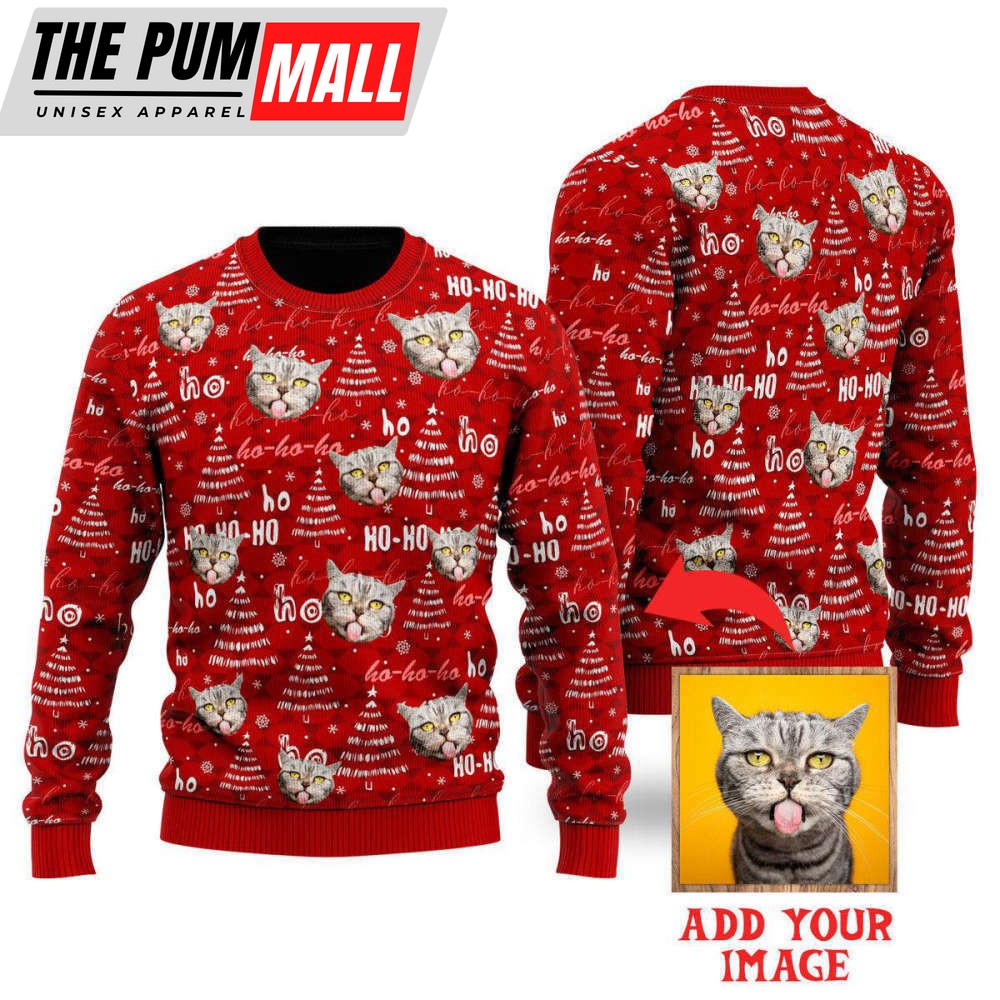 Custom Photo Funny Cat On Red Custom Christmas Sweaters For Men & Women