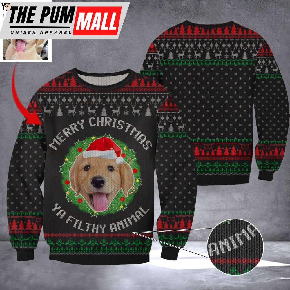 Custom Photo Golden Retriever Merry Christmas Ya Filthy Animal Sweater Dog Owner Xmas Sweater