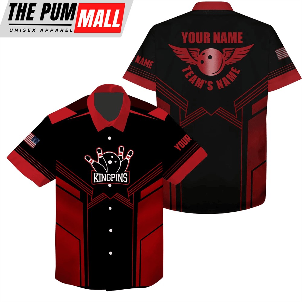 Custom Red & Black Hawaiian Bowling Shirt for Men – Add Name & Team Name!