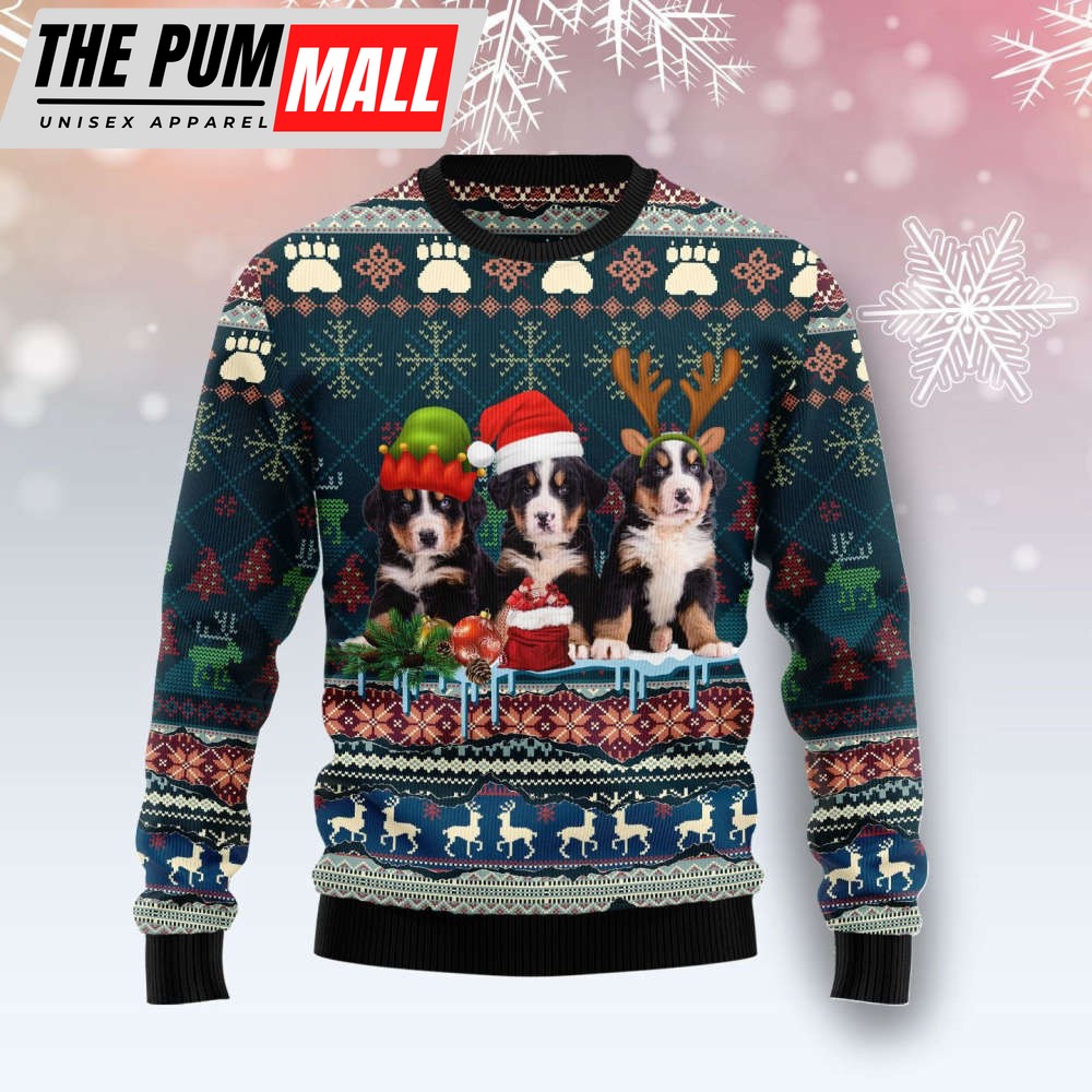 Cute Bernese Mountain Dog Ugly Christmas Sweater, Cute Bernese Mountain Dog 3D All Over Printed Sweater For Christmas Day
