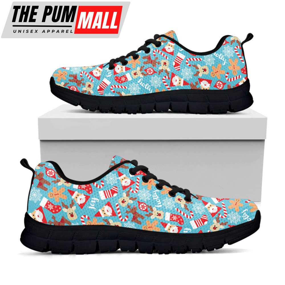 Cute Christmas Elements Pattern Print Black Running Shoes, Gift For Men And Women