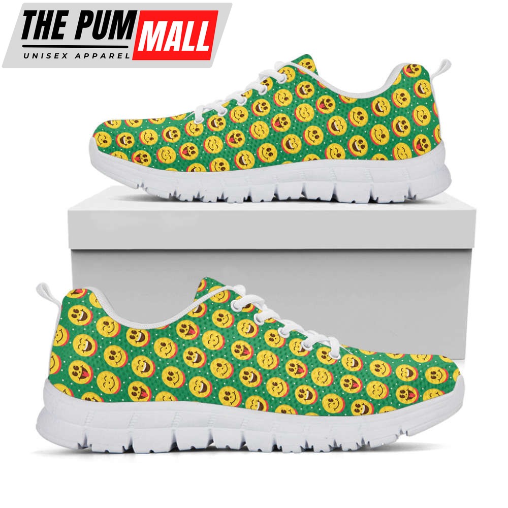 Cute Christmas Emoji Pattern Print White Running Shoes, Gift For Men And Women