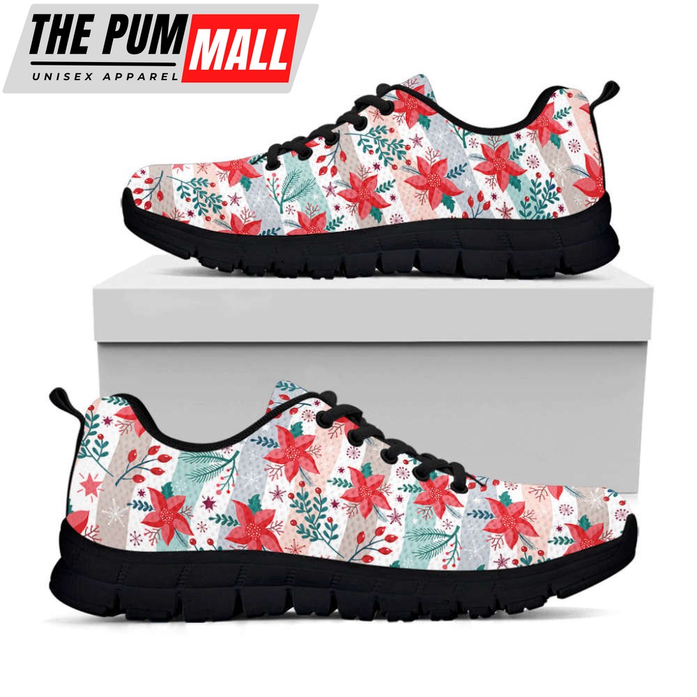 Cute Christmas Poinsettia Pattern Print Black Running Shoes, Gift For Men And Women