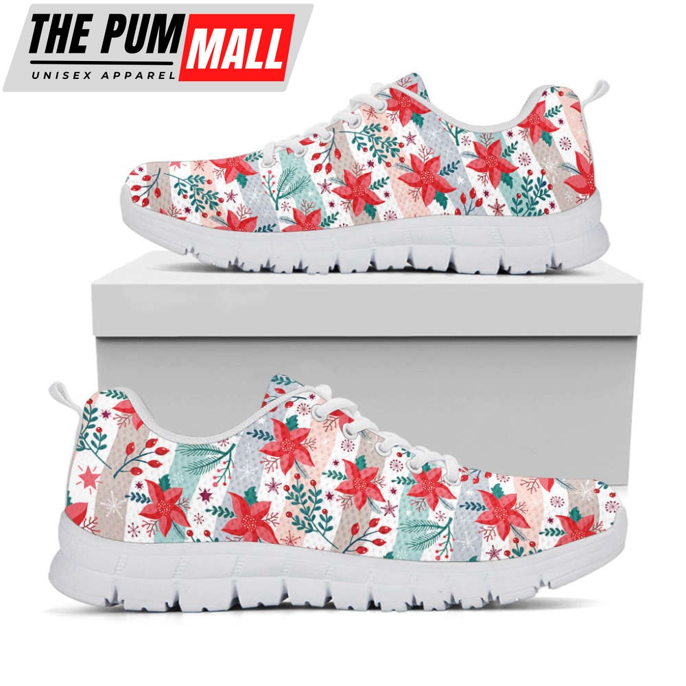 Cute Christmas Poinsettia Pattern Print White Running Shoes, Gift For Men And Women