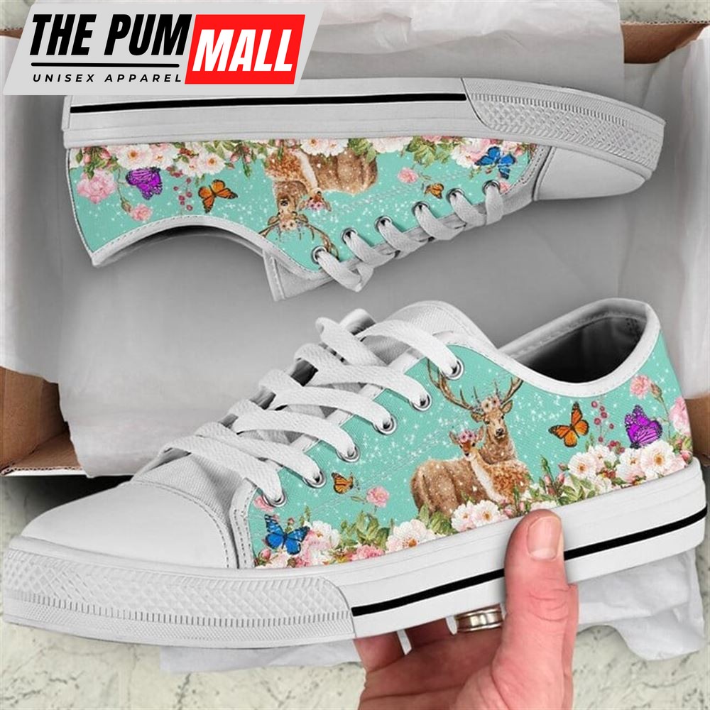 Cute Couple Deer Love Flower Watercolor Low Top Shoes – Low Top Shoes Mens, Women