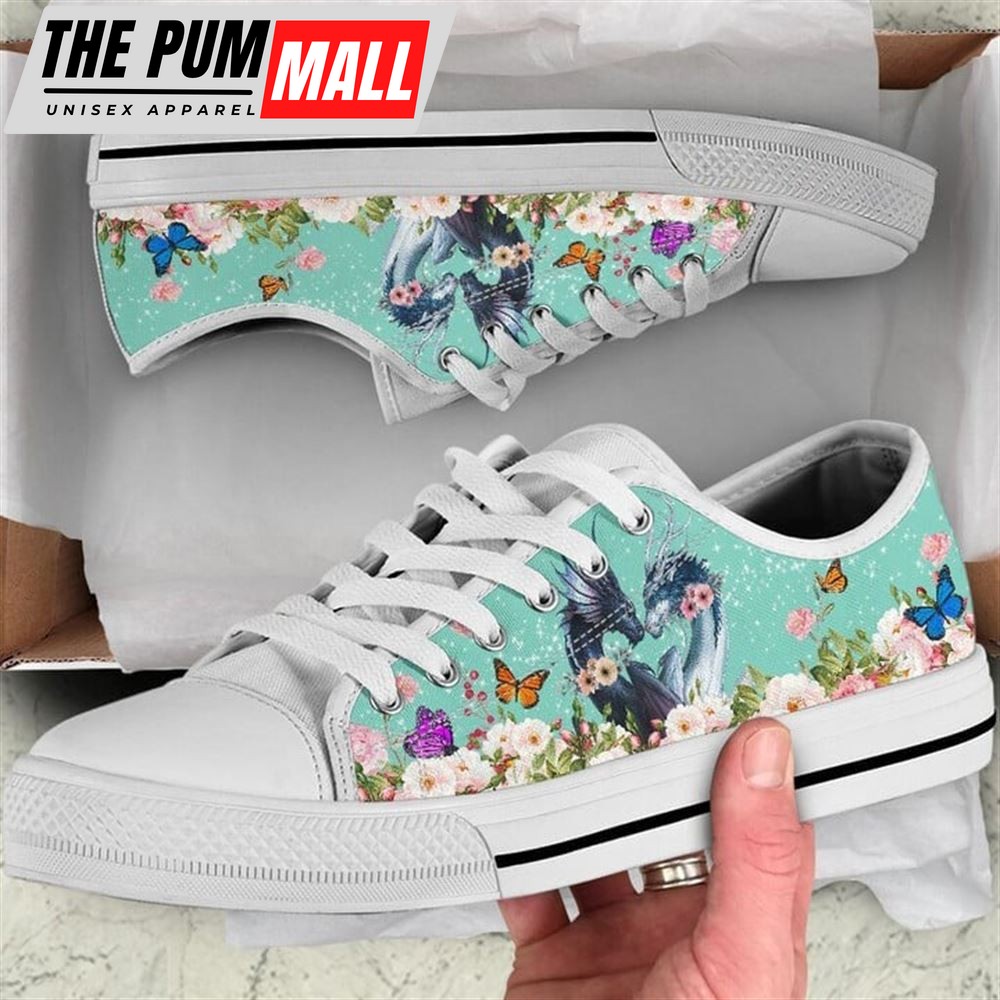 Cute Couple Dragon Love Flower Watercolor Low Top Shoes – Low Top Shoes Mens, Women